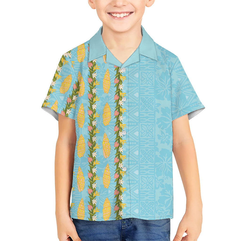 Hawaii Shell Tiare Anthurium Heliconia Lei Family Matching Summer Maxi Dress and Hawaiian Shirt With Tapa Pattern Baby Blue