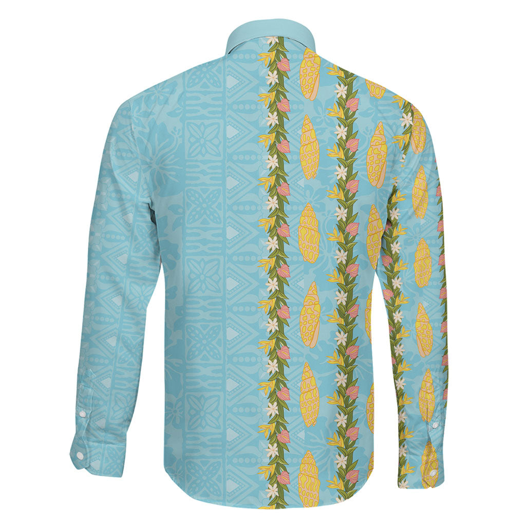 Hawaii Shell Tiare Anthurium Heliconia Lei Family Matching Tank Maxi Dress and Hawaiian Shirt With Tapa Pattern Baby Blue