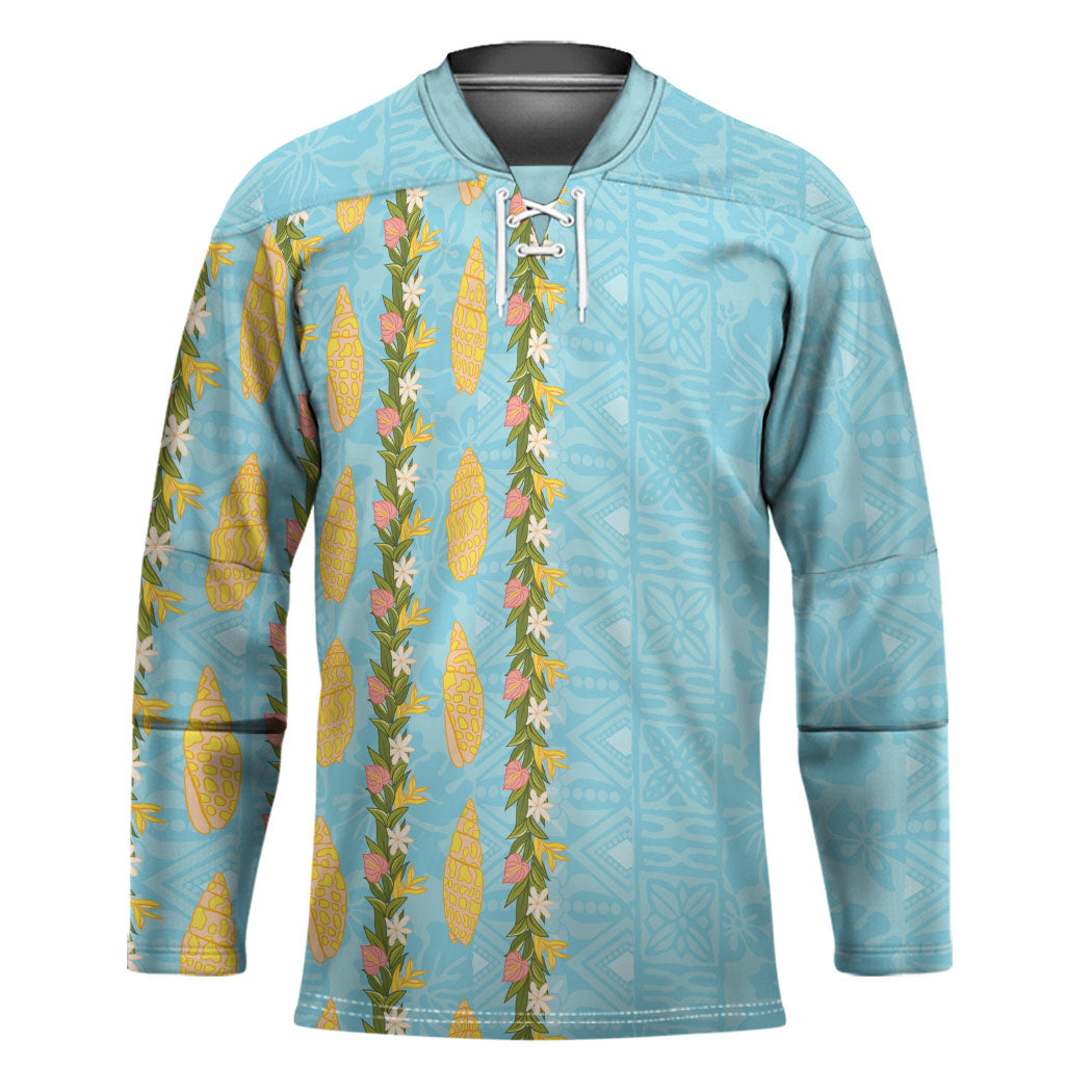 Hawaii Shell Tiare Anthurium Heliconia Lei Hockey Jersey With Tapa Pattern Baby Blue