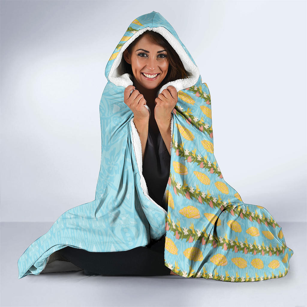 Hawaii Shell Tiare Anthurium Heliconia Lei Hooded Blanket With Tapa Pattern Baby Blue