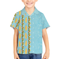 Hawaii Shell Tiare Anthurium Heliconia Lei Kid Hawaiian Shirt With Tapa Pattern Baby Blue