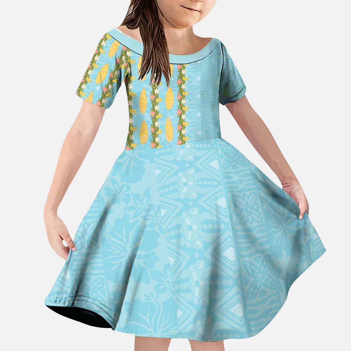 Hawaii Shell Tiare Anthurium Heliconia Lei Kid Short Sleeve Dress With Tapa Pattern Baby Blue