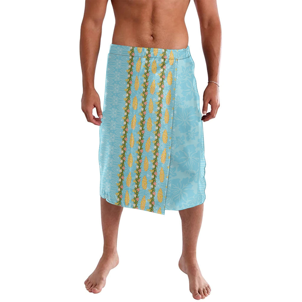 Hawaii Shell Tiare Anthurium Heliconia Lei Lavalava With Tapa Pattern Baby Blue