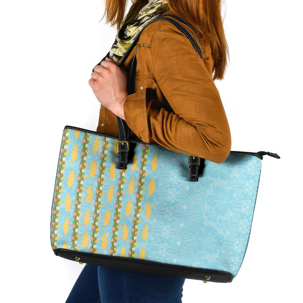 Hawaii Shell Tiare Anthurium Heliconia Lei Leather Tote Bag With Tapa Pattern Baby Blue