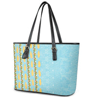Hawaii Shell Tiare Anthurium Heliconia Lei Leather Tote Bag With Tapa Pattern Baby Blue