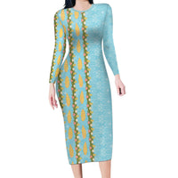Hawaii Shell Tiare Anthurium Heliconia Lei Long Sleeve Bodycon Dress With Tapa Pattern Baby Blue