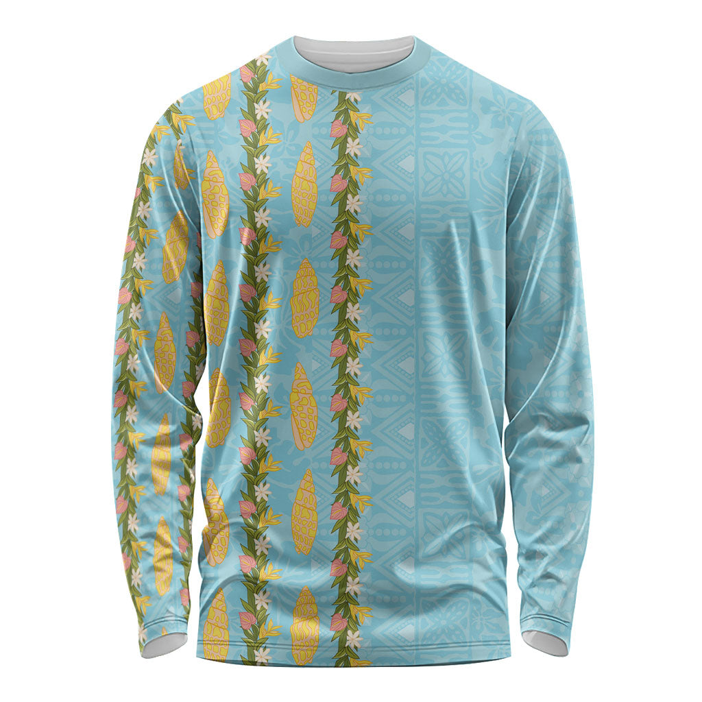 Hawaii Shell Tiare Anthurium Heliconia Lei Long Sleeve Shirt With Tapa Pattern Baby Blue