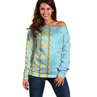 Hawaii Shell Tiare Anthurium Heliconia Lei Off Shoulder Sweater With Tapa Pattern Baby Blue
