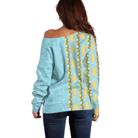Hawaii Shell Tiare Anthurium Heliconia Lei Off Shoulder Sweater With Tapa Pattern Baby Blue