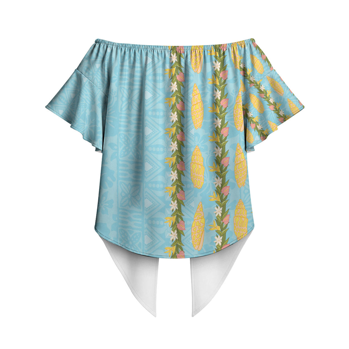 Hawaii Shell Tiare Anthurium Heliconia Lei Off Shoulder Wrap Waist Top With Tapa Pattern Baby Blue LT05 - Polynesian Pride