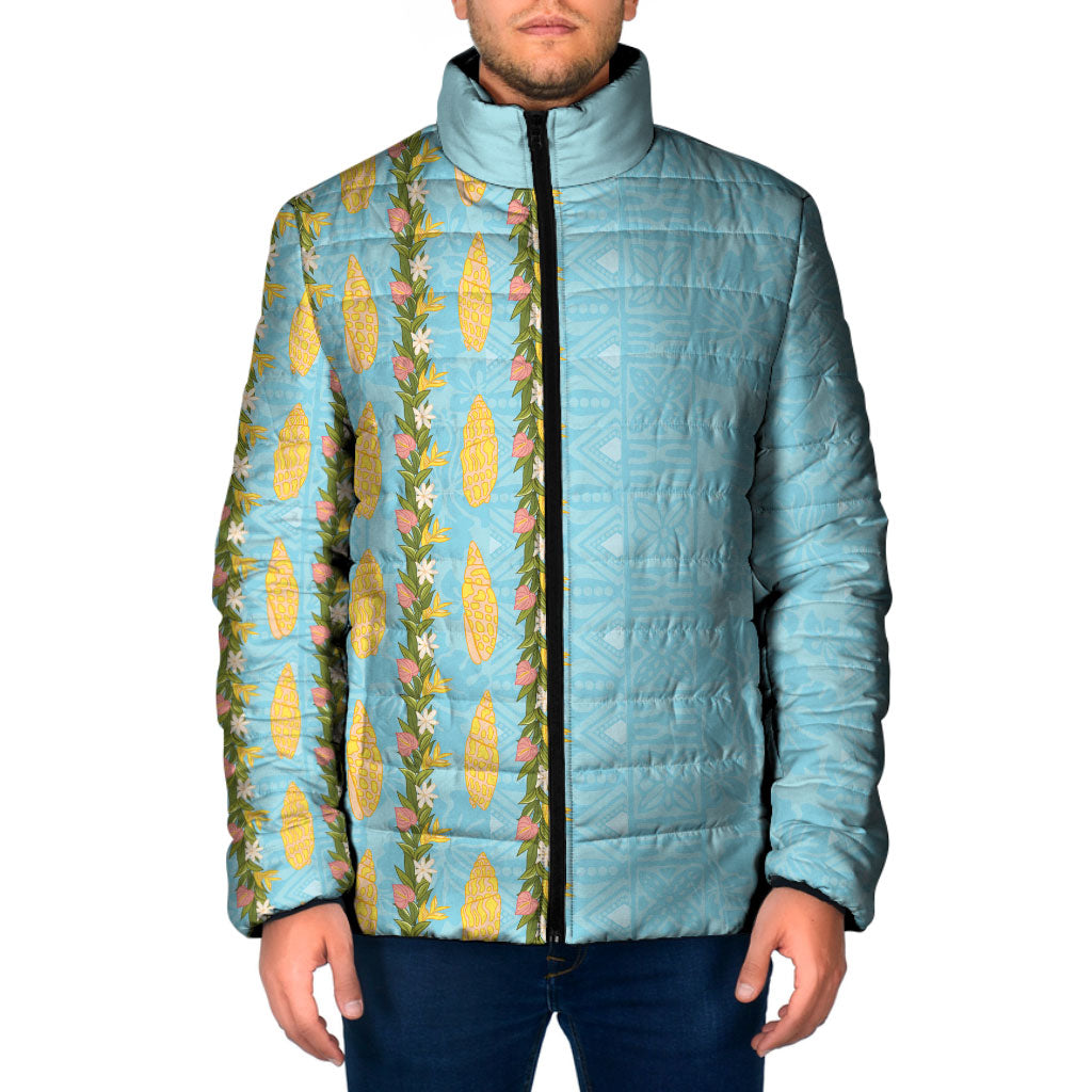 Hawaii Shell Tiare Anthurium Heliconia Lei Padded Jacket With Tapa Pattern Baby Blue