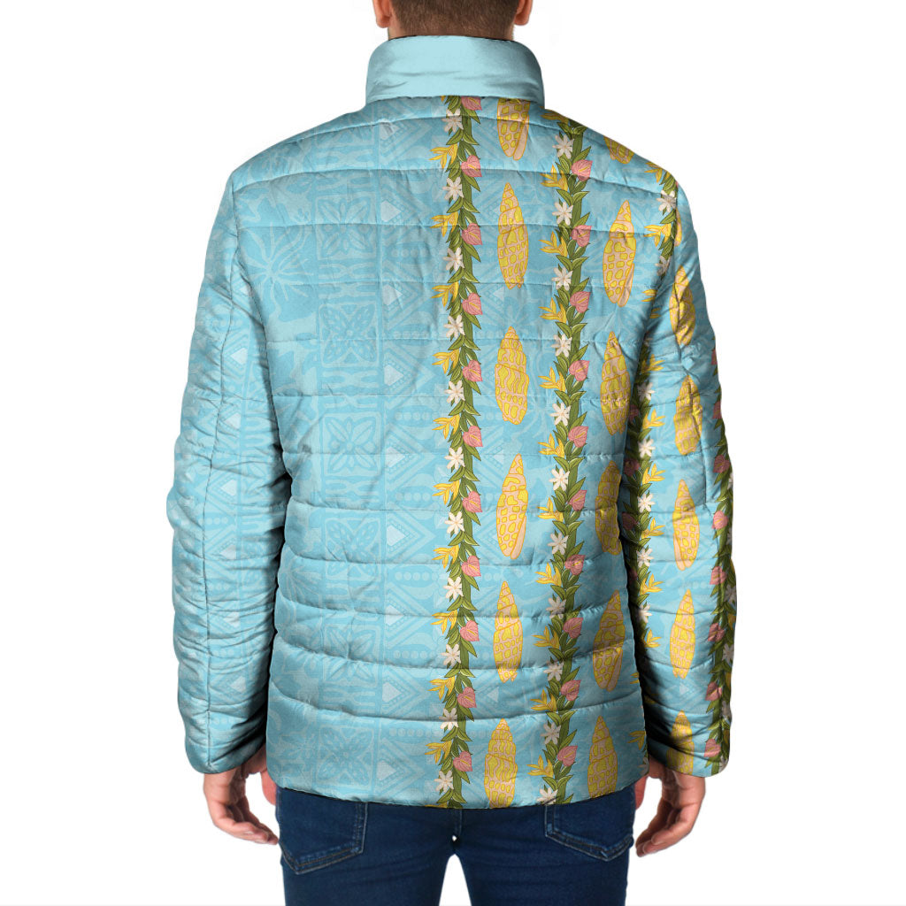 Hawaii Shell Tiare Anthurium Heliconia Lei Padded Jacket With Tapa Pattern Baby Blue