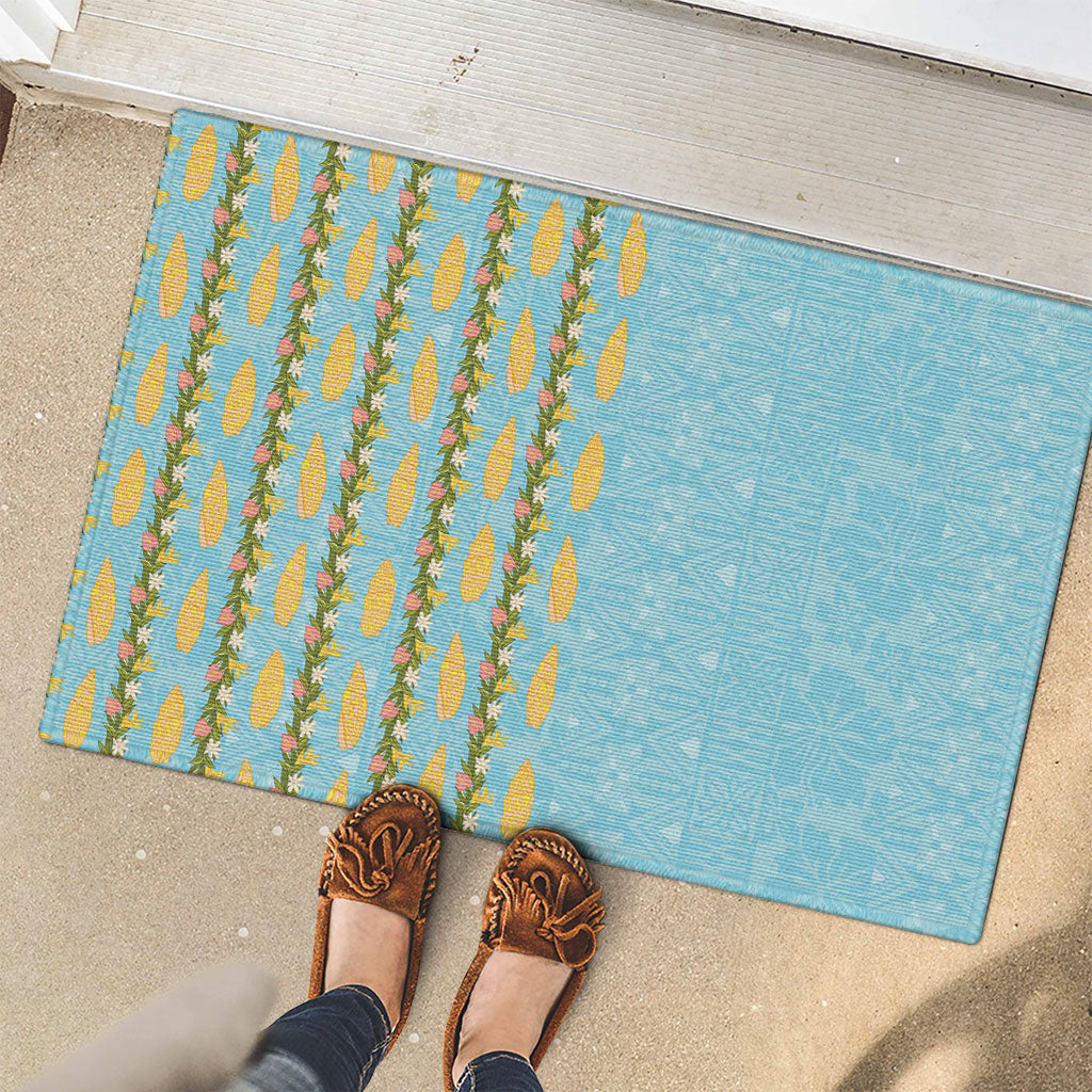 Hawaii Shell Tiare Anthurium Heliconia Lei Rubber Doormat With Tapa Pattern Baby Blue