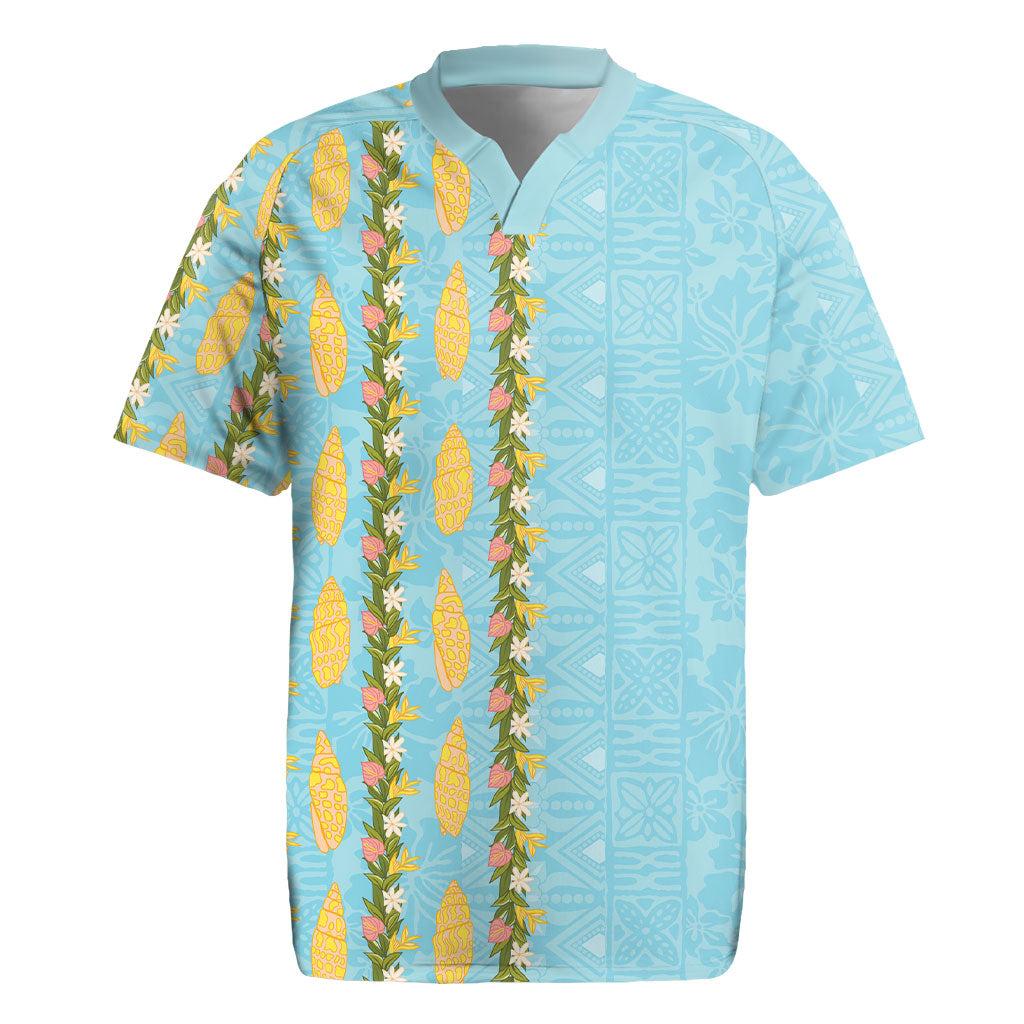 Hawaii Shell Tiare Anthurium Heliconia Lei Rugby Jersey With Tapa Pattern Baby Blue