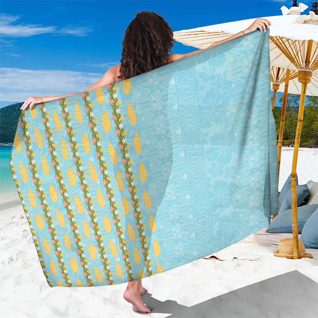 Hawaii Shell Tiare Anthurium Heliconia Lei Sarong With Tapa Pattern Baby Blue
