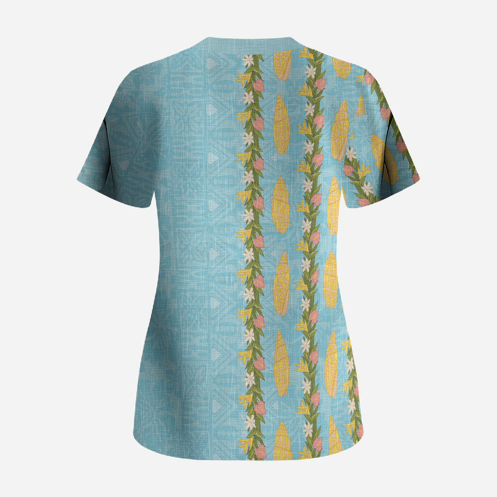 Hawaii Shell Tiare Anthurium Heliconia Lei Scrub Top With Tapa Pattern Baby Blue
