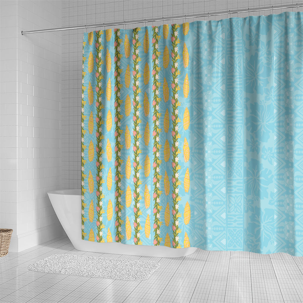 Hawaii Shell Tiare Anthurium Heliconia Lei Shower Curtain With Tapa Pattern Baby Blue