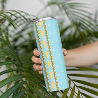 Hawaii Shell Tiare Anthurium Heliconia Lei Skinny Tumbler With Tapa Pattern Baby Blue