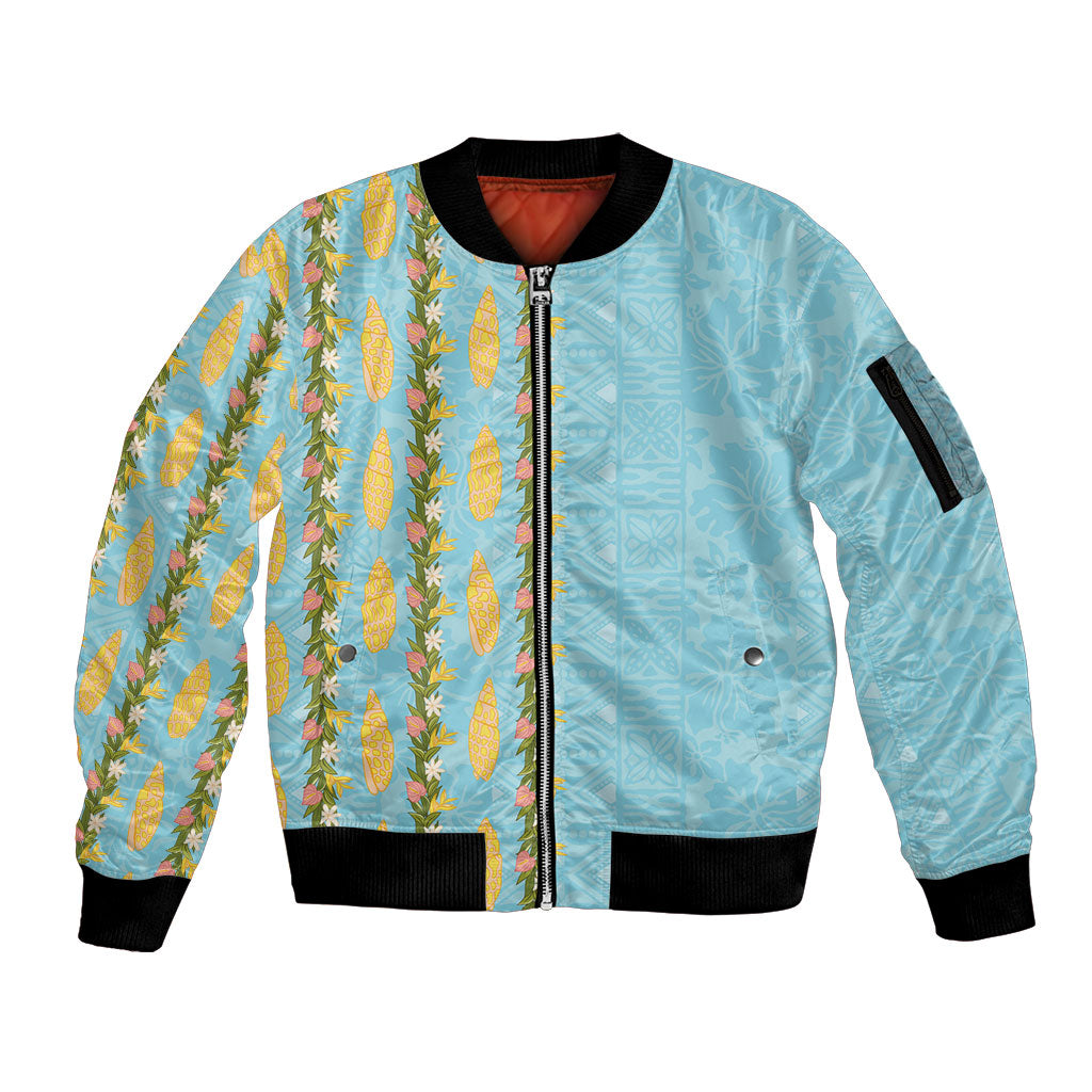 Hawaii Shell Tiare Anthurium Heliconia Lei Sleeve Zip Bomber Jacket With Tapa Pattern Baby Blue