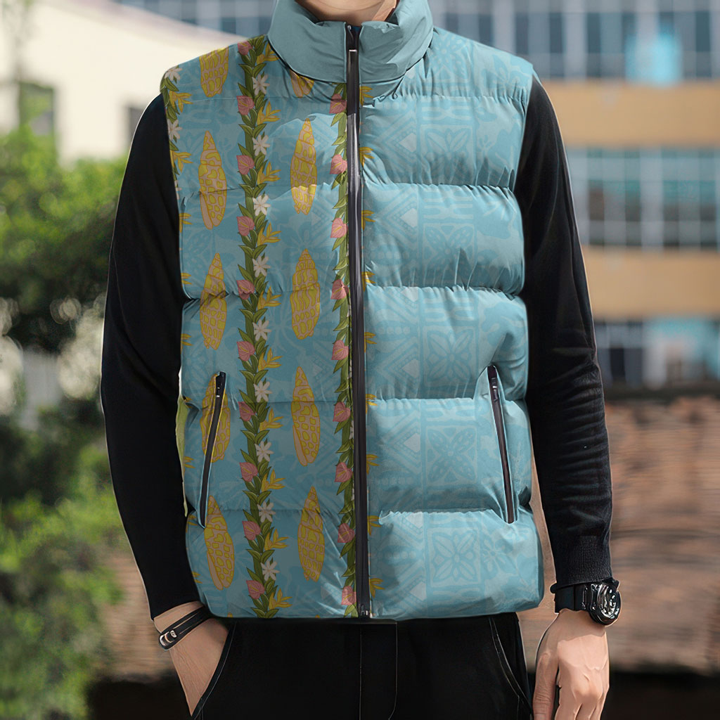 Hawaii Shell Tiare Anthurium Heliconia Lei Sleeveless Puffer Jacket With Tapa Pattern Baby Blue