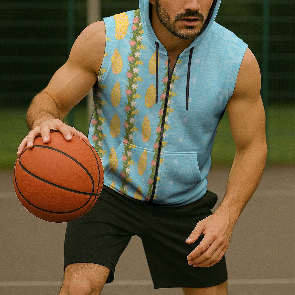 Hawaii Shell Tiare Anthurium Heliconia Lei Sleeveless Zip Hoodie With Tapa Pattern Baby Blue