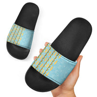 Hawaii Shell Tiare Anthurium Heliconia Lei Slide Sandals With Tapa Pattern Baby Blue