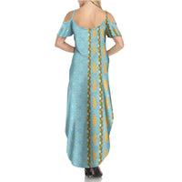 Hawaii Shell Tiare Anthurium Heliconia Lei Summer Maxi Dress With Tapa Pattern Baby Blue