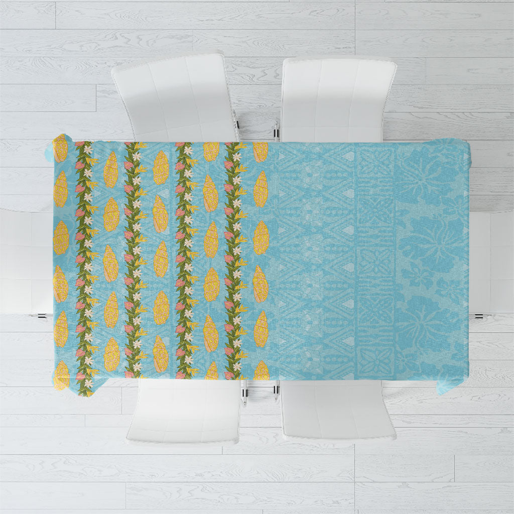 Hawaii Shell Tiare Anthurium Heliconia Lei Tablecloth With Tapa Pattern Baby Blue