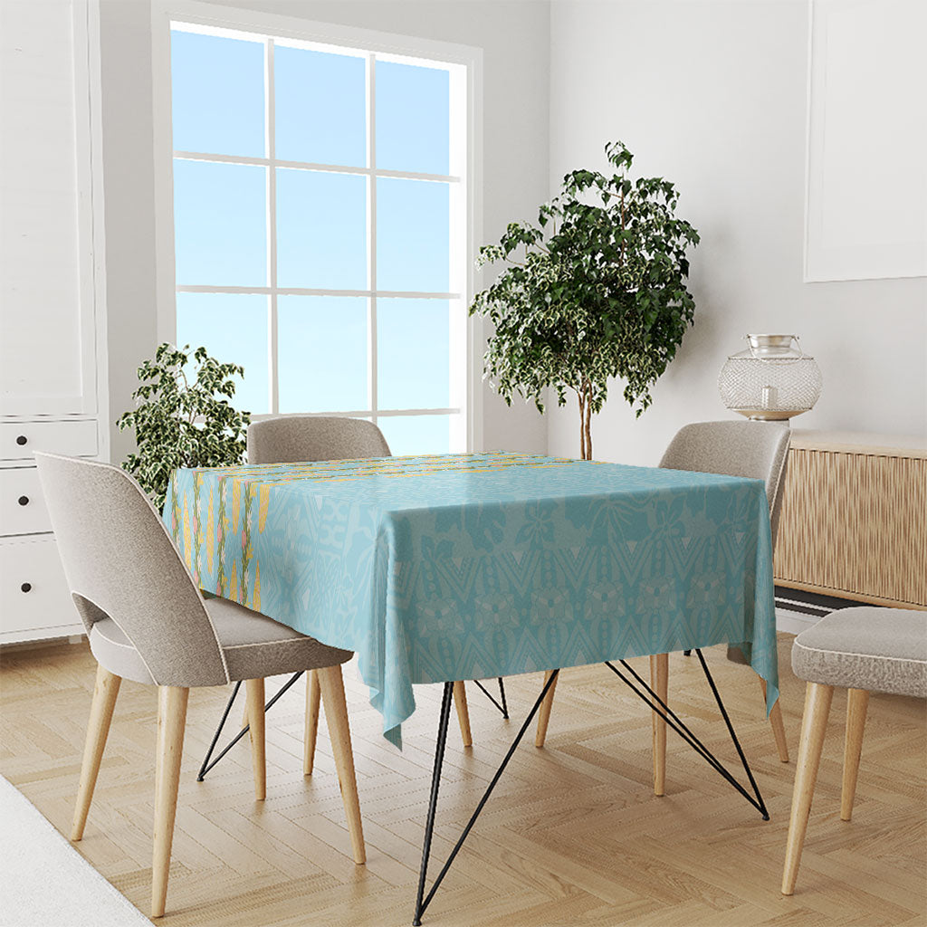 Hawaii Shell Tiare Anthurium Heliconia Lei Tablecloth With Tapa Pattern Baby Blue
