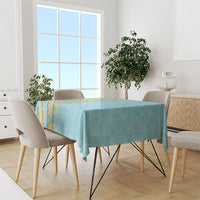 Hawaii Shell Tiare Anthurium Heliconia Lei Tablecloth With Tapa Pattern Baby Blue