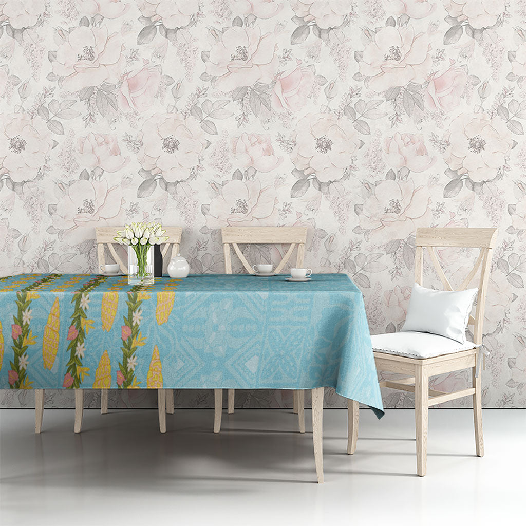 Hawaii Shell Tiare Anthurium Heliconia Lei Tablecloth With Tapa Pattern Baby Blue