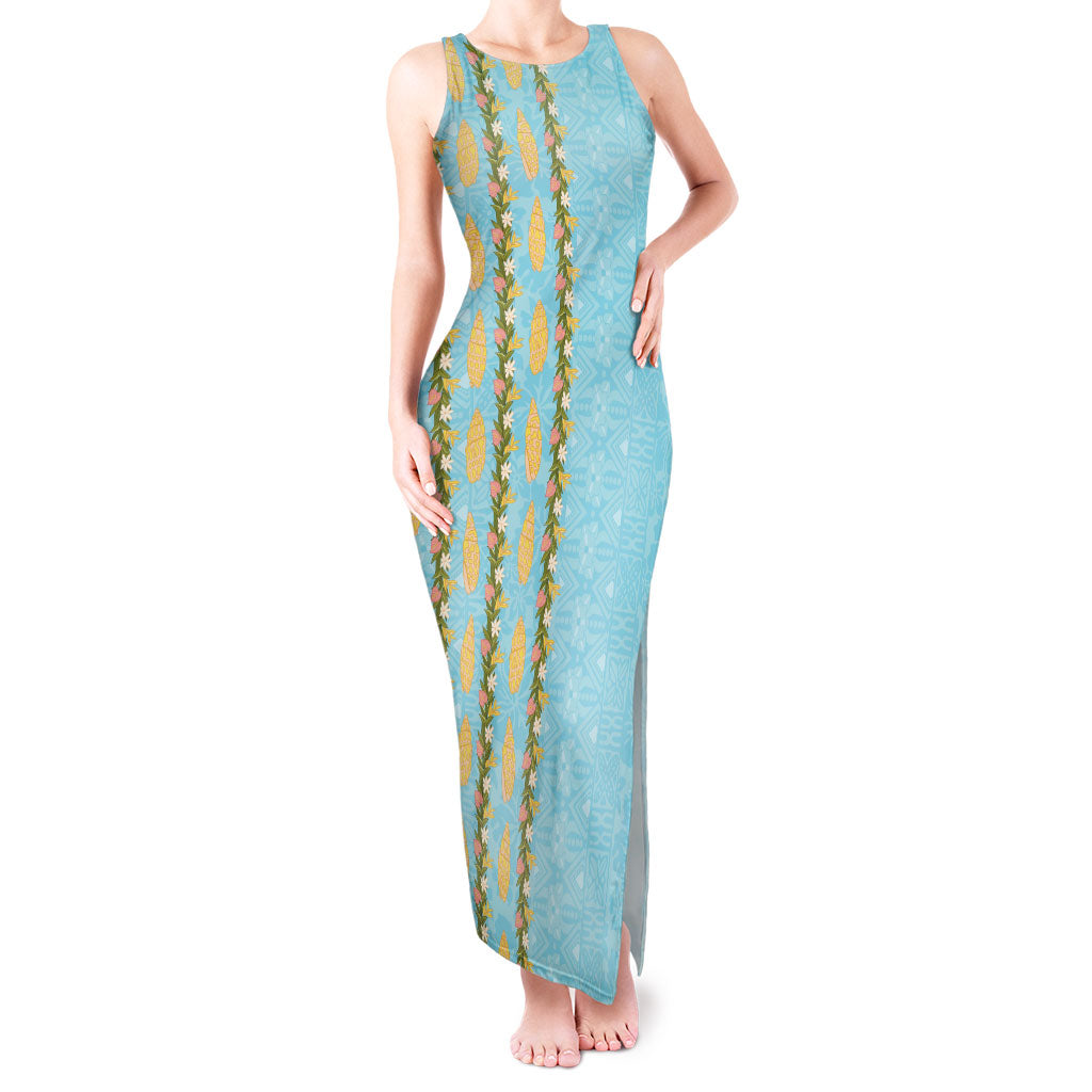 Hawaii Shell Tiare Anthurium Heliconia Lei Tank Maxi Dress With Tapa Pattern Baby Blue
