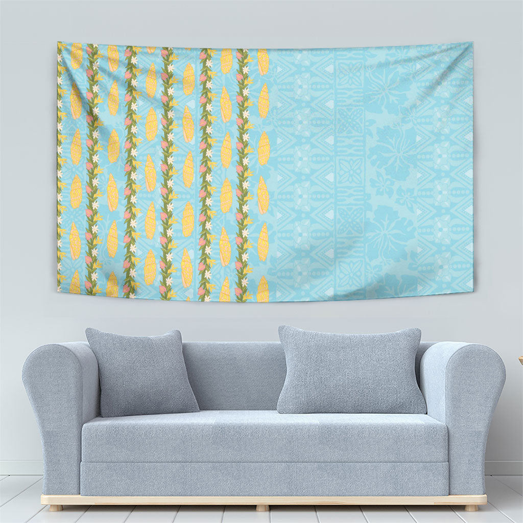 Hawaii Shell Tiare Anthurium Heliconia Lei Tapestry With Tapa Pattern Baby Blue