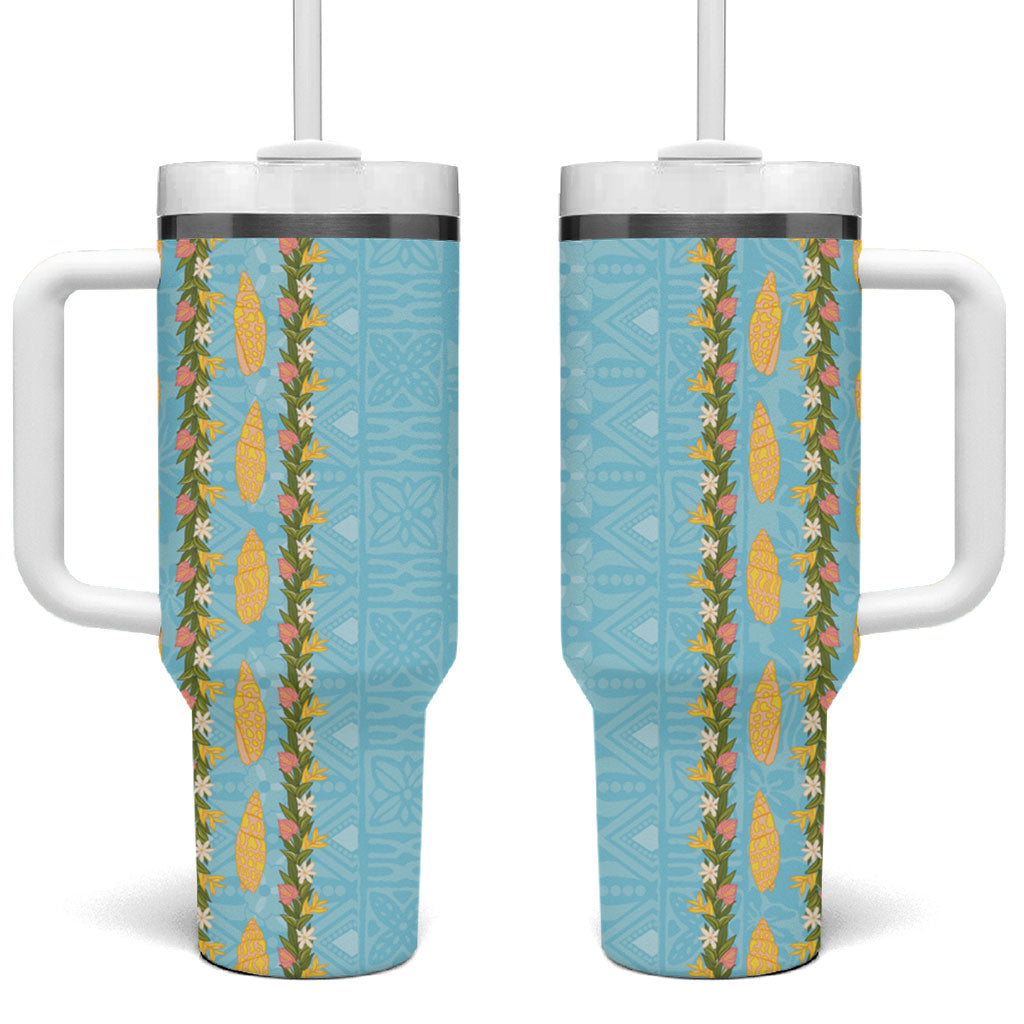 Hawaii Shell Tiare Anthurium Heliconia Lei Tumbler With Handle With Tapa Pattern Baby Blue
