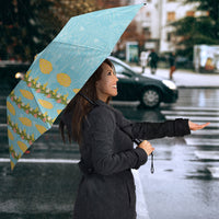 Hawaii Shell Tiare Anthurium Heliconia Lei Umbrella With Tapa Pattern Baby Blue