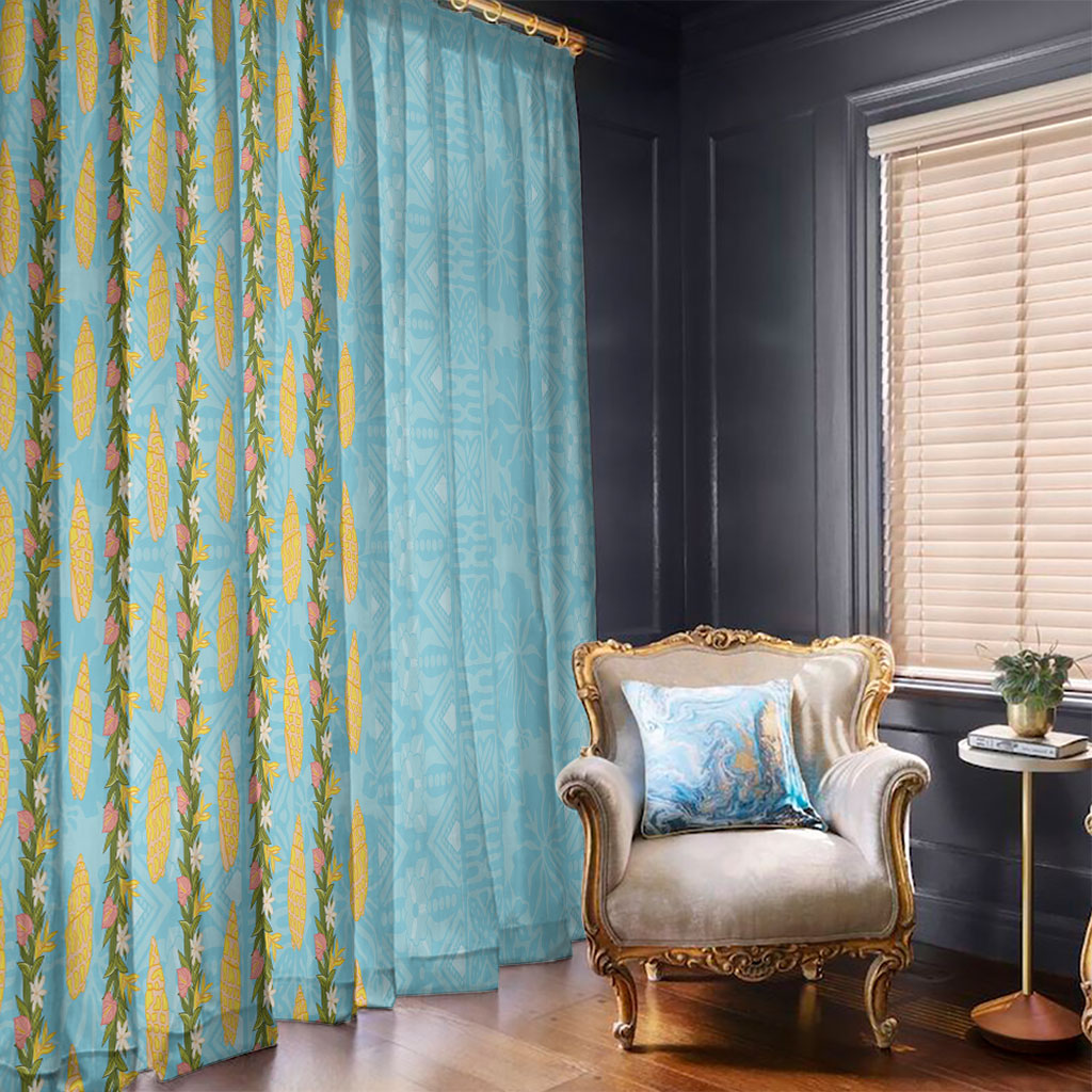 Hawaii Shell Tiare Anthurium Heliconia Lei Window Curtain With Tapa Pattern Baby Blue