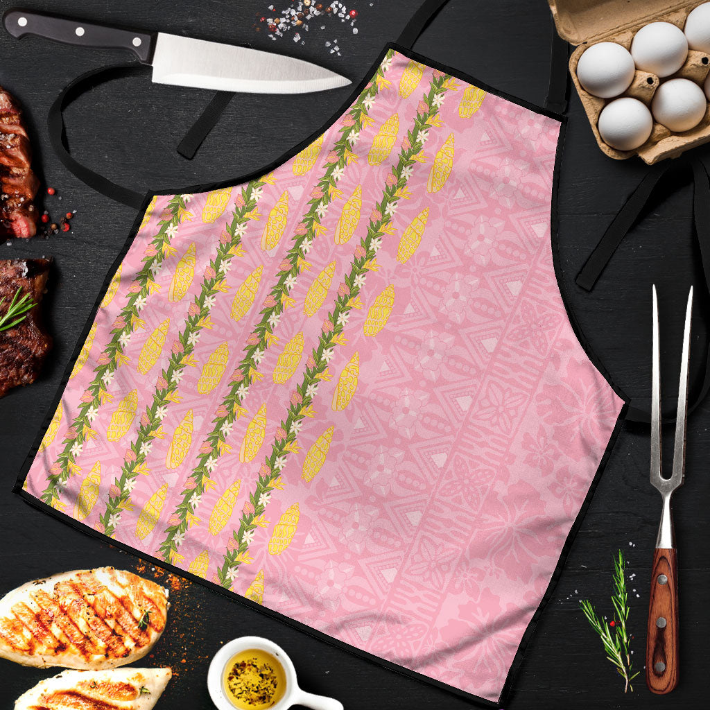 Hawaii Shell Tiare Anthurium Heliconia Lei Apron With Tapa Pattern Baby Pink