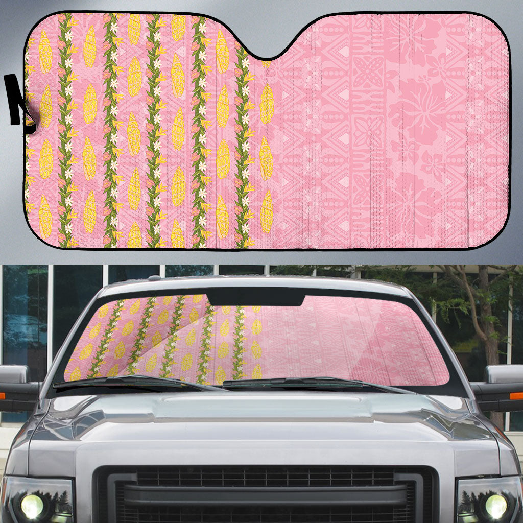 Hawaii Shell Tiare Anthurium Heliconia Lei Auto Sun Shade With Tapa Pattern Baby Pink