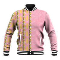 Hawaii Shell Tiare Anthurium Heliconia Lei Baseball Jacket With Tapa Pattern Baby Pink