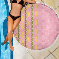 Hawaii Shell Tiare Anthurium Heliconia Lei Beach Blanket With Tapa Pattern Baby Pink