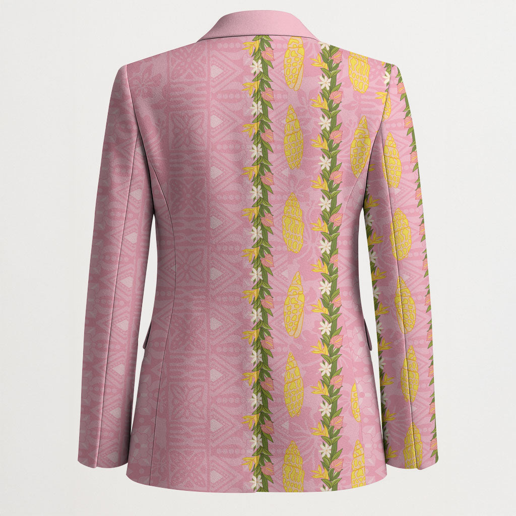 Hawaii Shell Tiare Anthurium Heliconia Lei Blazer With Tapa Pattern Baby Pink