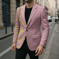 Hawaii Shell Tiare Anthurium Heliconia Lei Blazer With Tapa Pattern Baby Pink