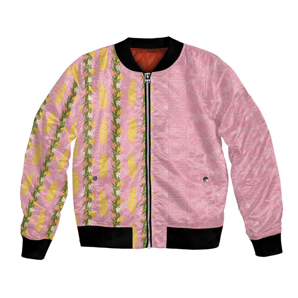 Hawaii Shell Tiare Anthurium Heliconia Lei Bomber Jacket With Tapa Pattern Baby Pink