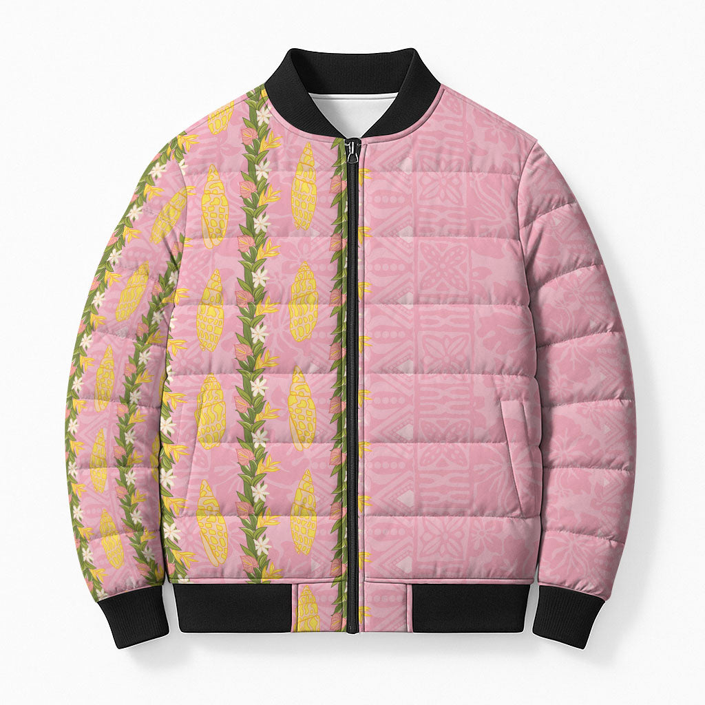 Hawaii Shell Tiare Anthurium Heliconia Lei Bomber Puffer Jacket With Tapa Pattern Baby Pink