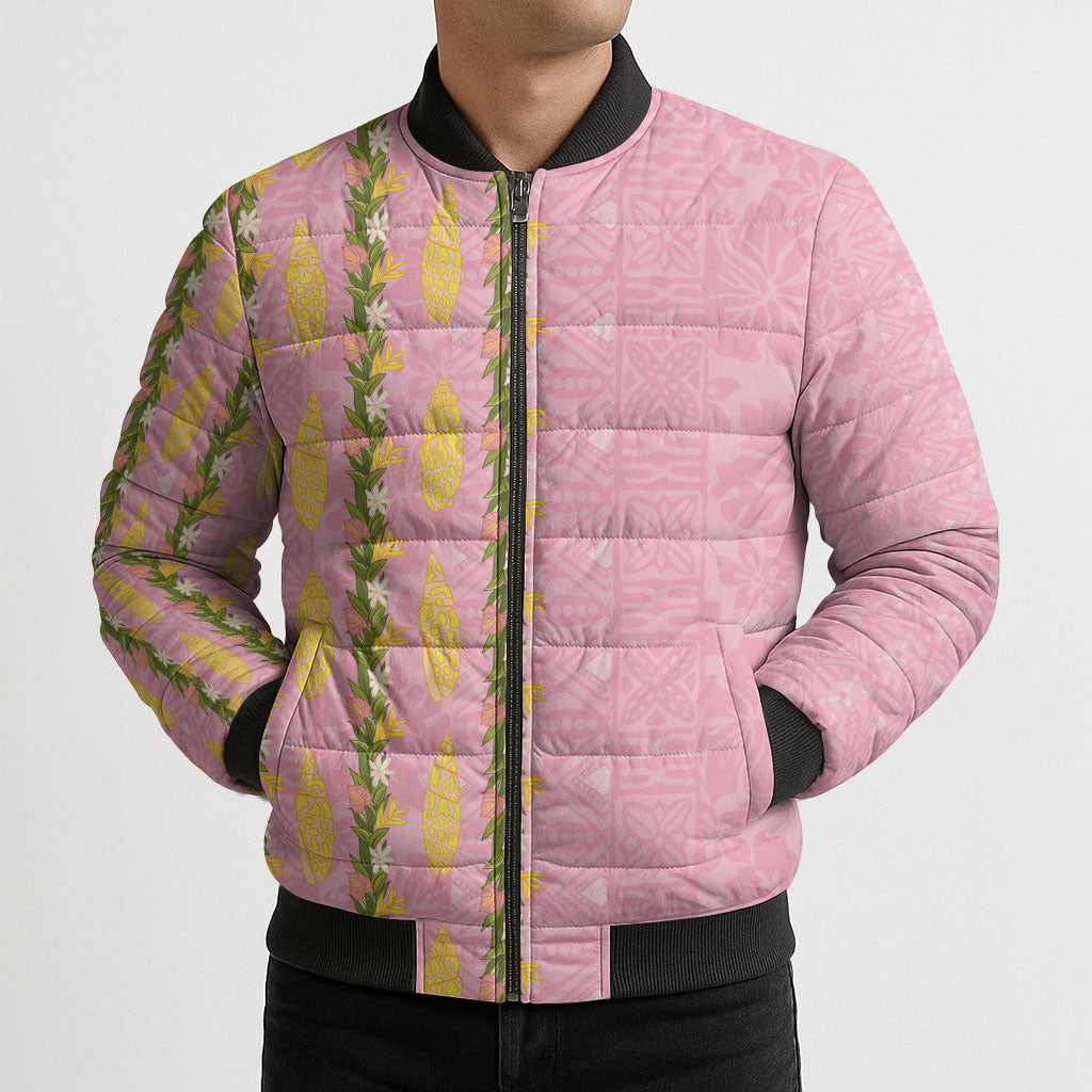 Hawaii Shell Tiare Anthurium Heliconia Lei Bomber Puffer Jacket With Tapa Pattern Baby Pink