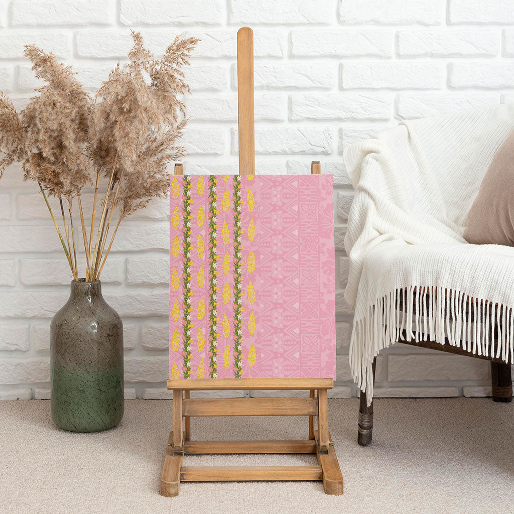 Hawaii Shell Tiare Anthurium Heliconia Lei Canvas Wall Art With Tapa Pattern Baby Pink