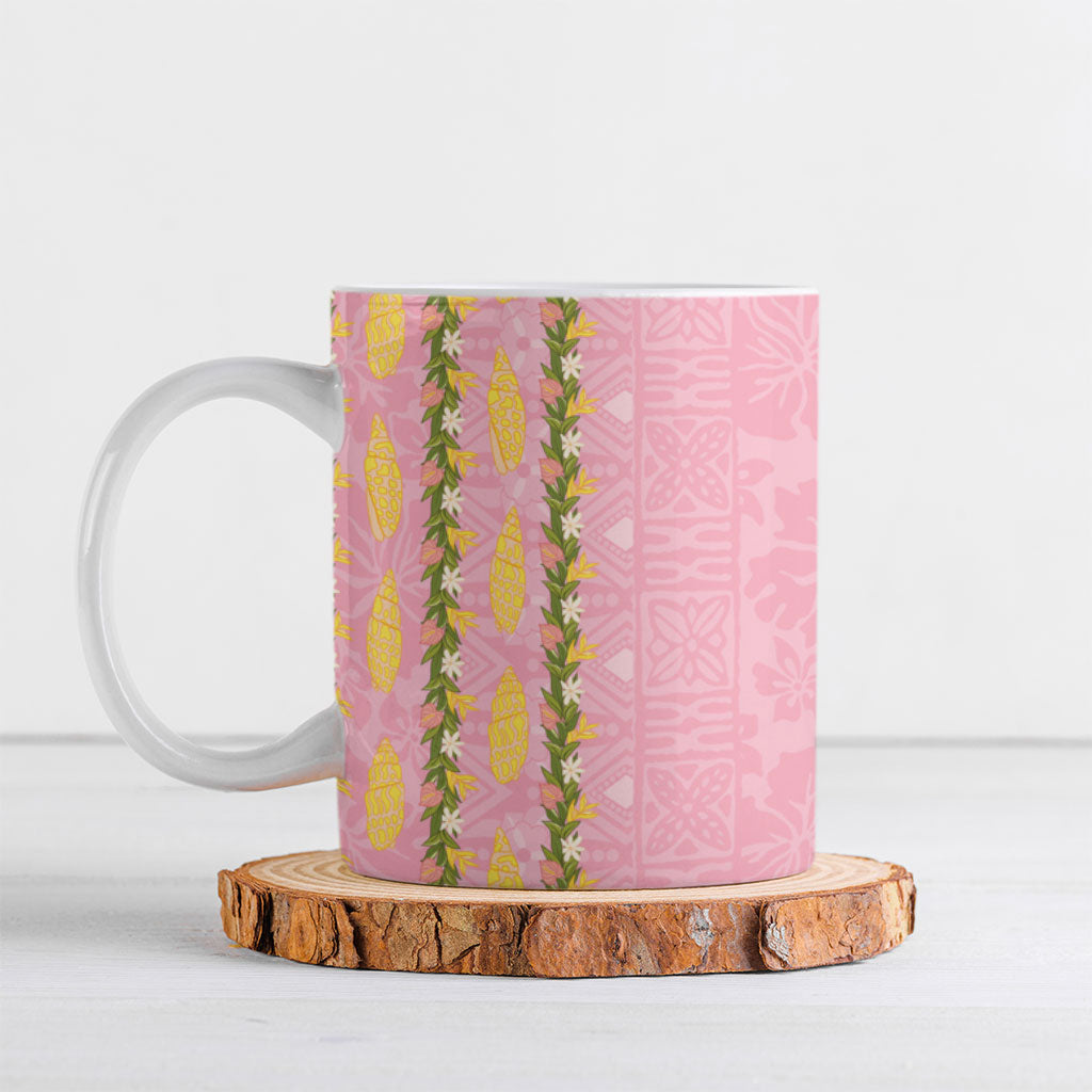 Hawaii Shell Tiare Anthurium Heliconia Lei Ceramic Mug With Tapa Pattern Baby Pink