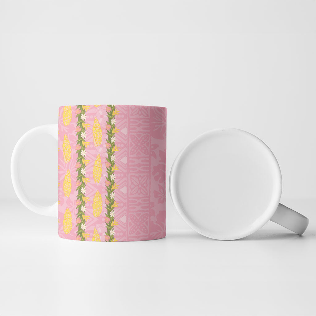 Hawaii Shell Tiare Anthurium Heliconia Lei Ceramic Mug With Tapa Pattern Baby Pink