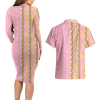 Hawaii Shell Tiare Anthurium Heliconia Lei Couples Matching Long Sleeve Bodycon Dress and Hawaiian Shirt With Tapa Pattern Baby Pink