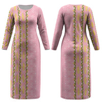 Hawaii Shell Tiare Anthurium Heliconia Lei Couples Matching Long Sleeve Bodycon Dress and Hawaiian Shirt With Tapa Pattern Baby Pink LT05 - Polynesian Pride